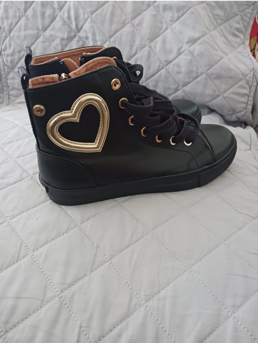 Love Moschino Black High-Top Sneakers with Gold Heart Accent-New